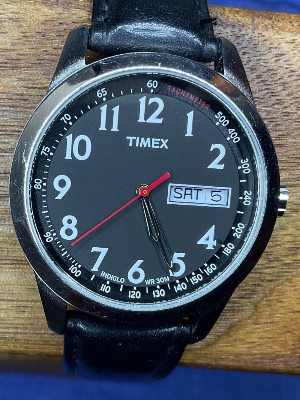 Timex Weekender watch with Indiglo, black leather band